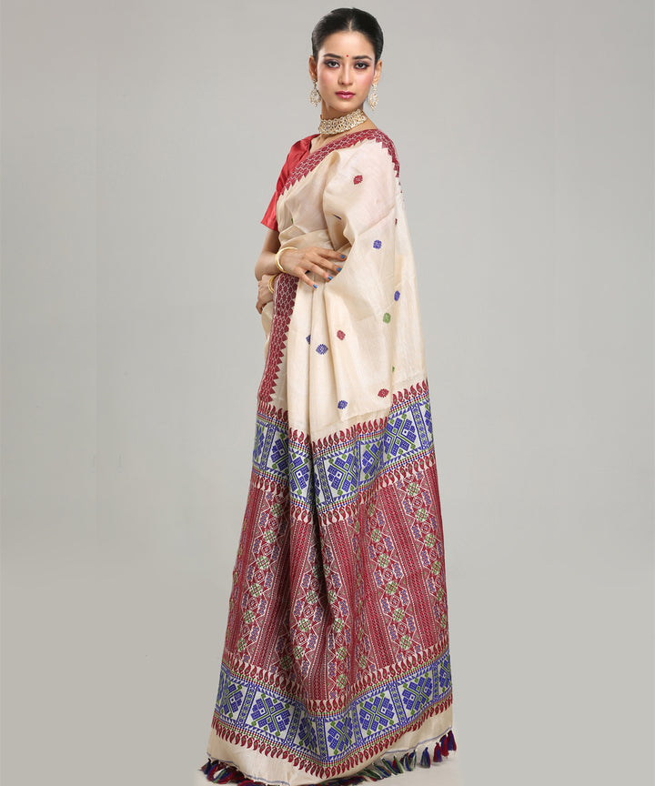 Beige maroon blue tussar silk handloom assam saree