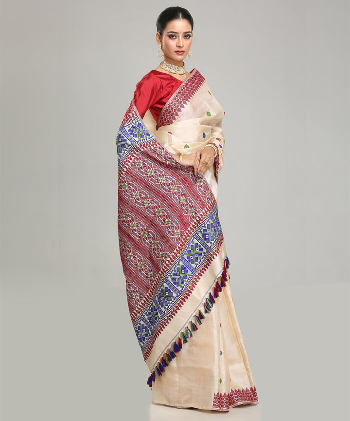 Beige maroon blue tussar silk handloom assam saree