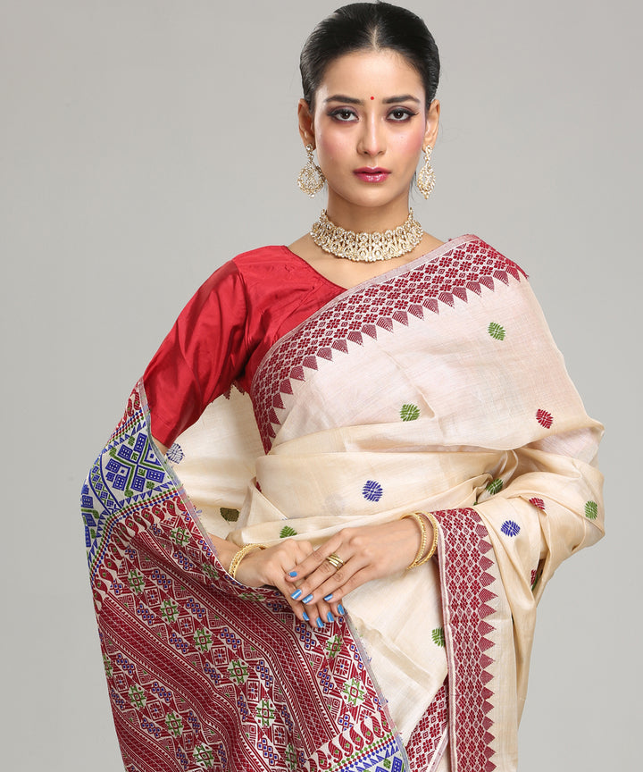 Beige maroon blue tussar silk handloom assam saree