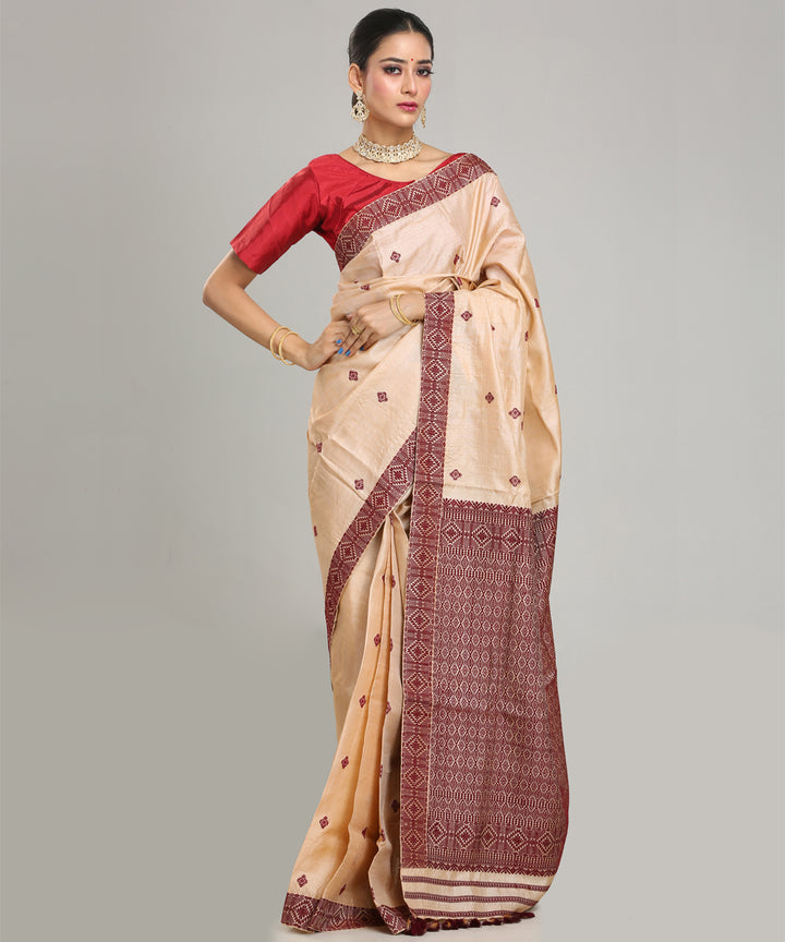 Beige maroon tussar silk handloom assam saree