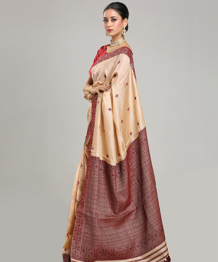 Beige maroon tussar silk handloom assam saree