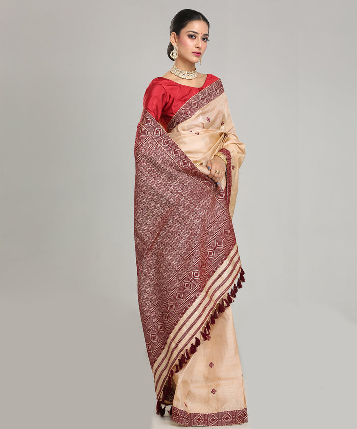 Beige maroon tussar silk handloom assam saree