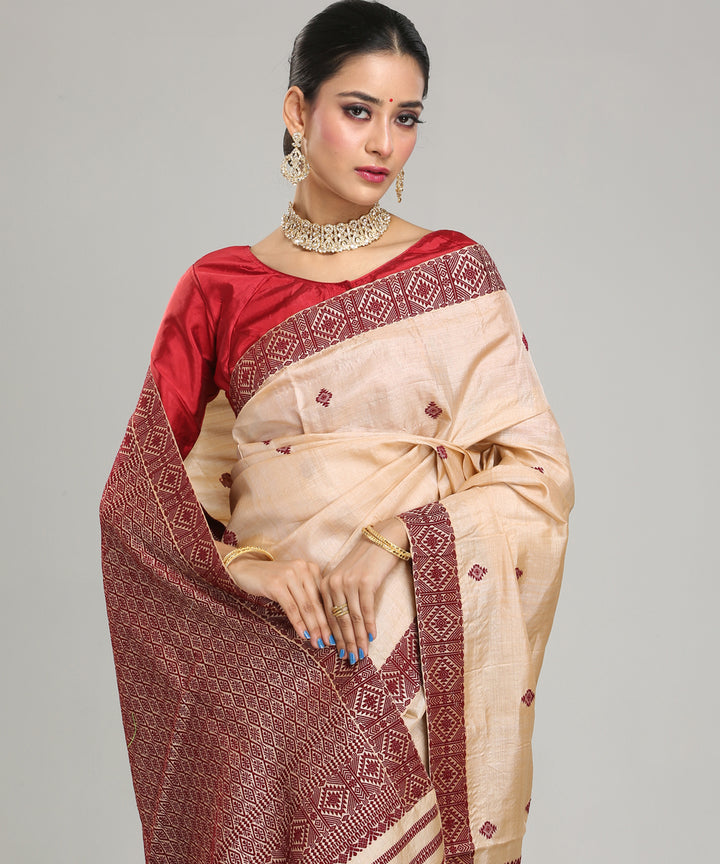 Beige maroon tussar silk handloom assam saree
