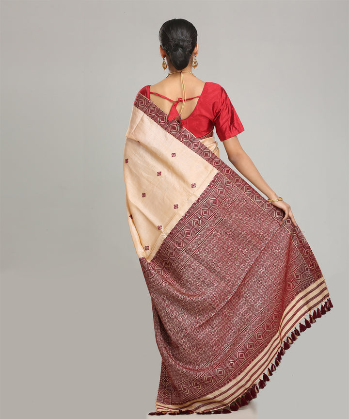 Beige maroon tussar silk handloom assam saree
