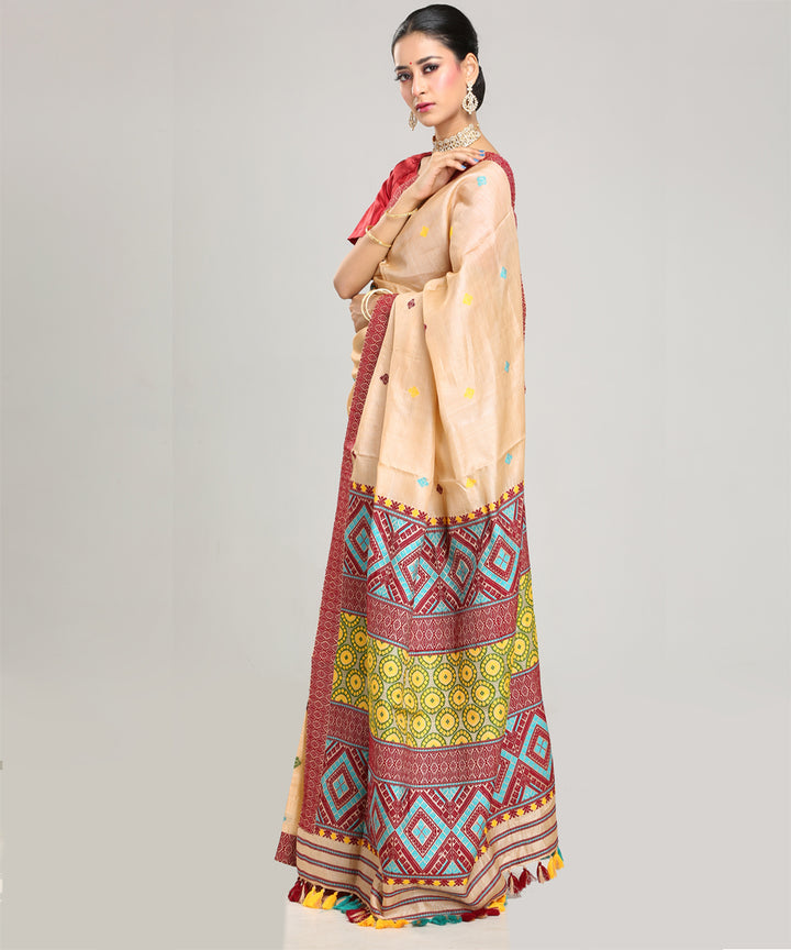 Beige yellow maroon tussar silk handloom assam saree