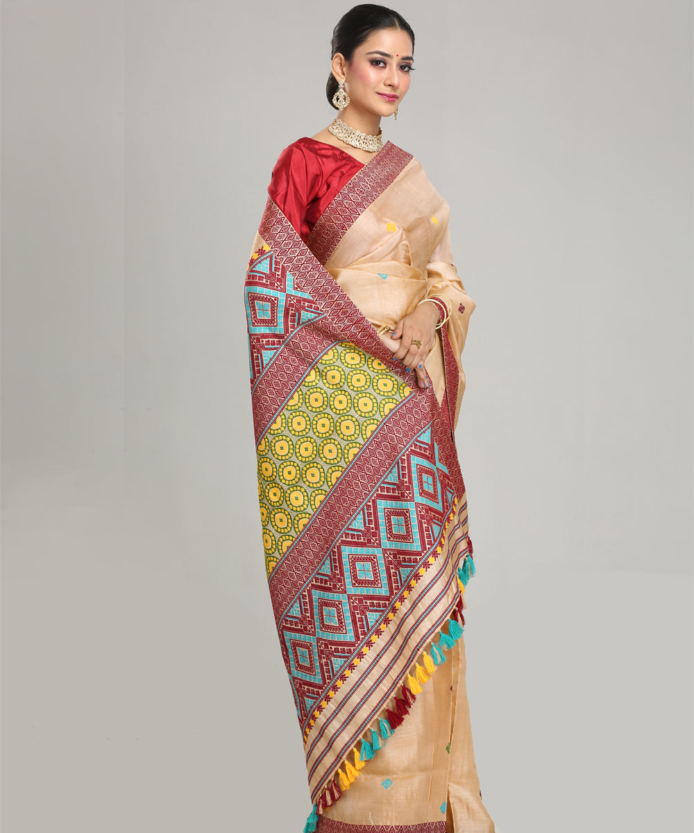 Beige yellow maroon tussar silk handloom assam saree