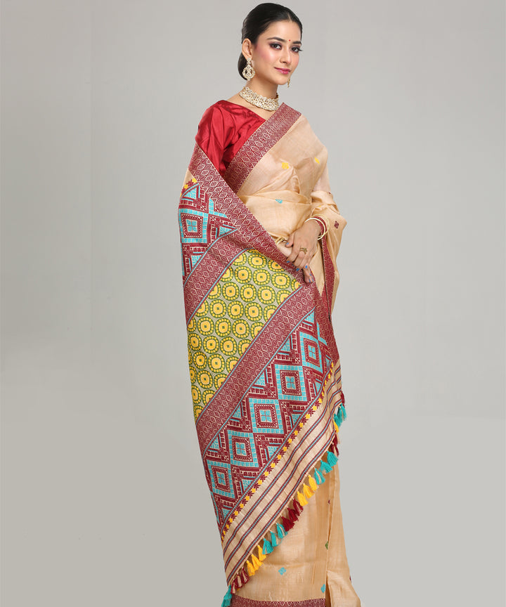 Beige yellow maroon tussar silk handloom assam saree