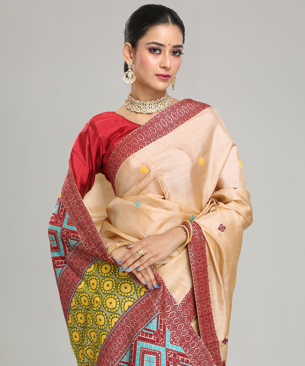 Beige yellow maroon tussar silk handloom assam saree