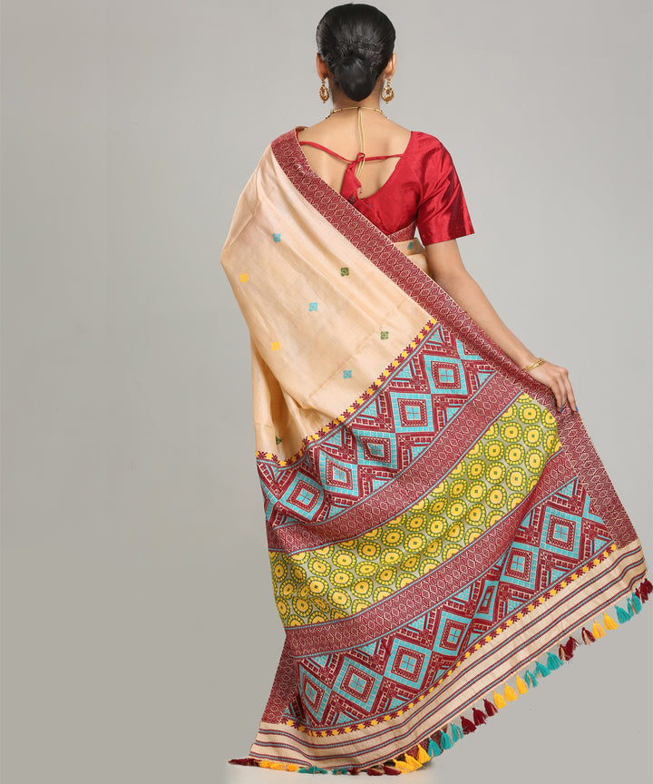 Beige yellow maroon tussar silk handloom assam saree