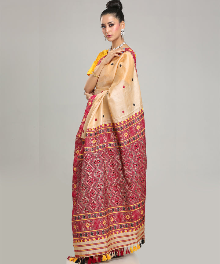 Beige red handloom tussar silk assam saree