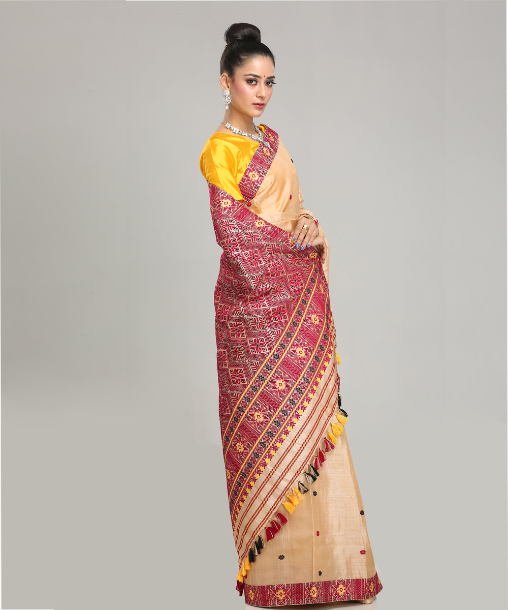 Beige red handloom tussar silk assam saree