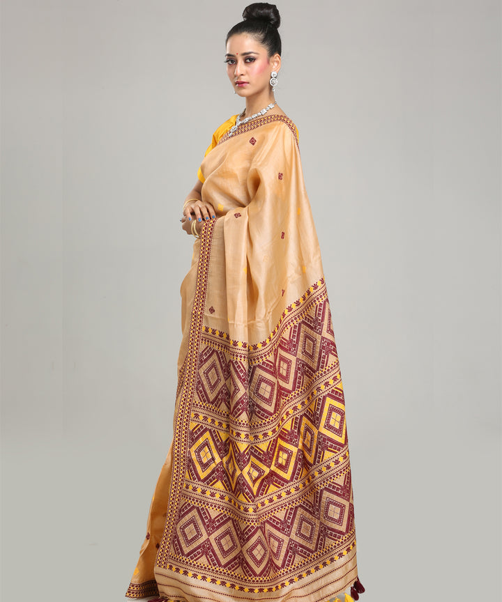 Beige maroon yellow tussar silk handloom assam saree