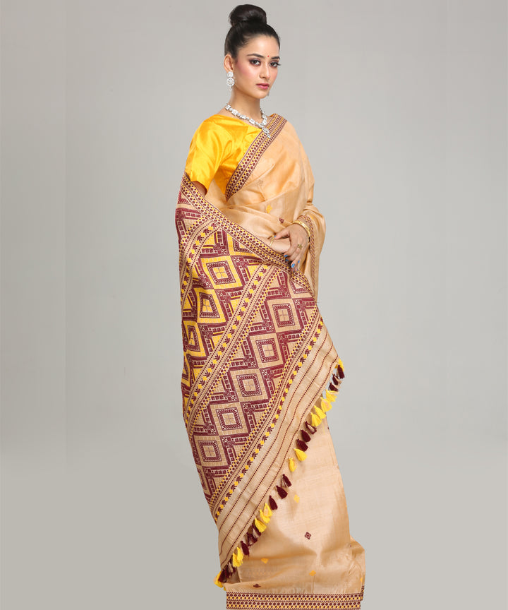 Beige maroon yellow tussar silk handloom assam saree