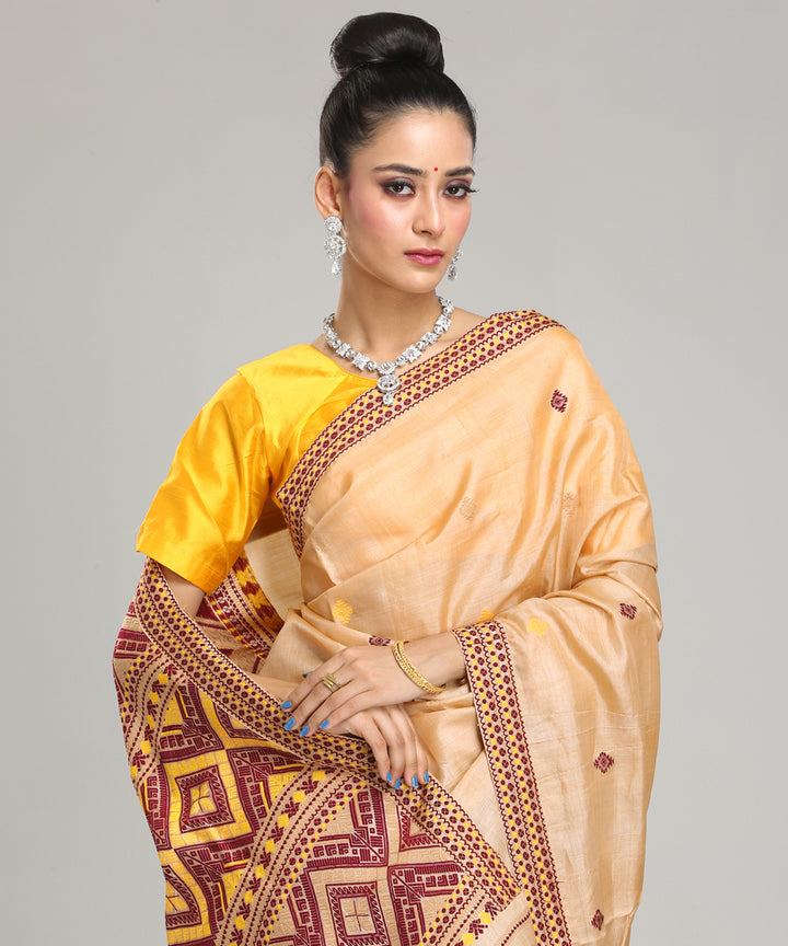 Beige maroon yellow tussar silk handloom assam saree