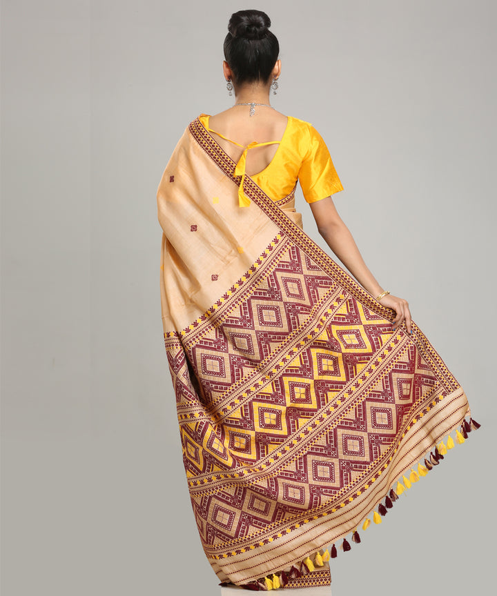 Beige maroon yellow tussar silk handloom assam saree