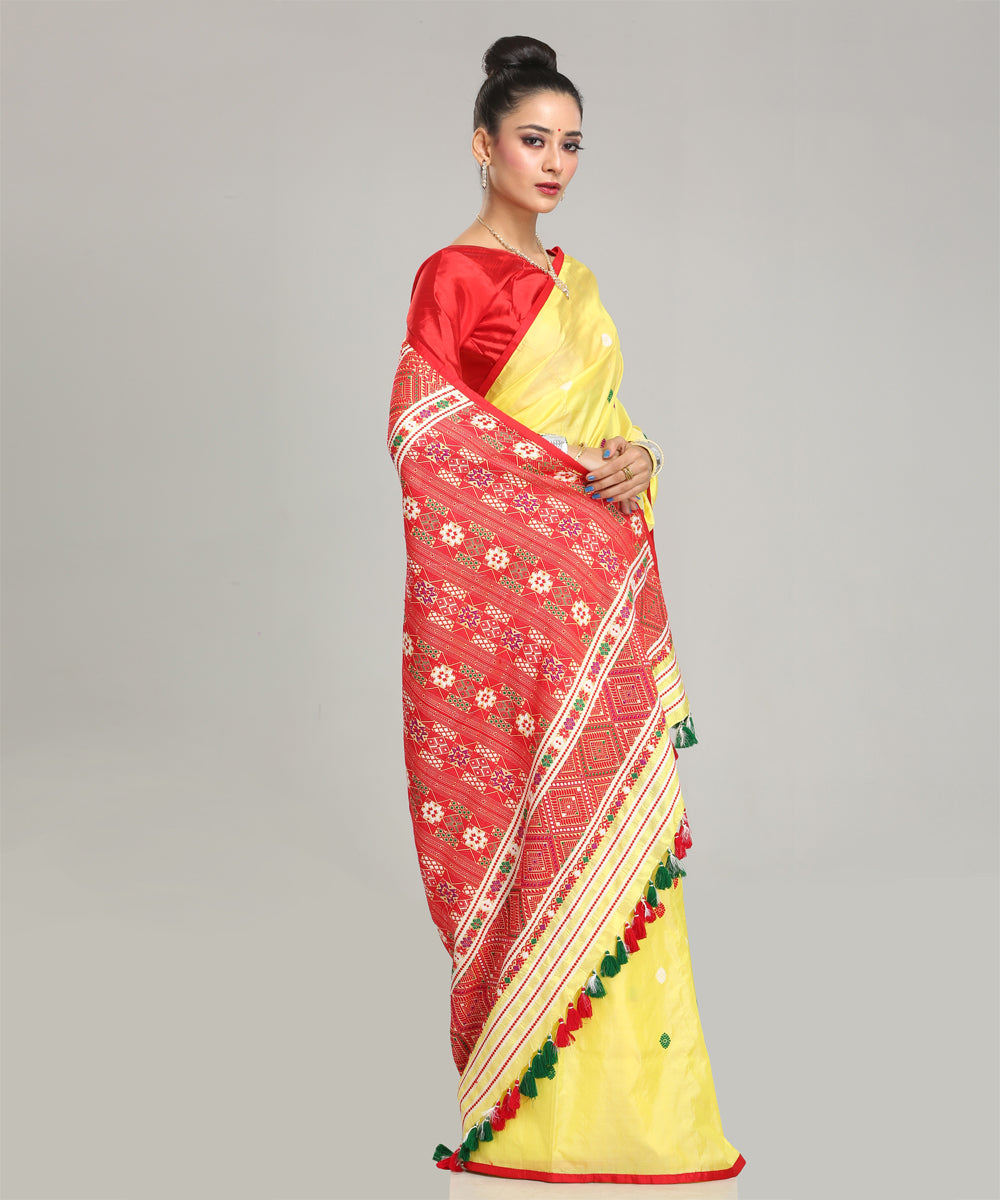 Yellow red Mulberry silk handloom assam saree