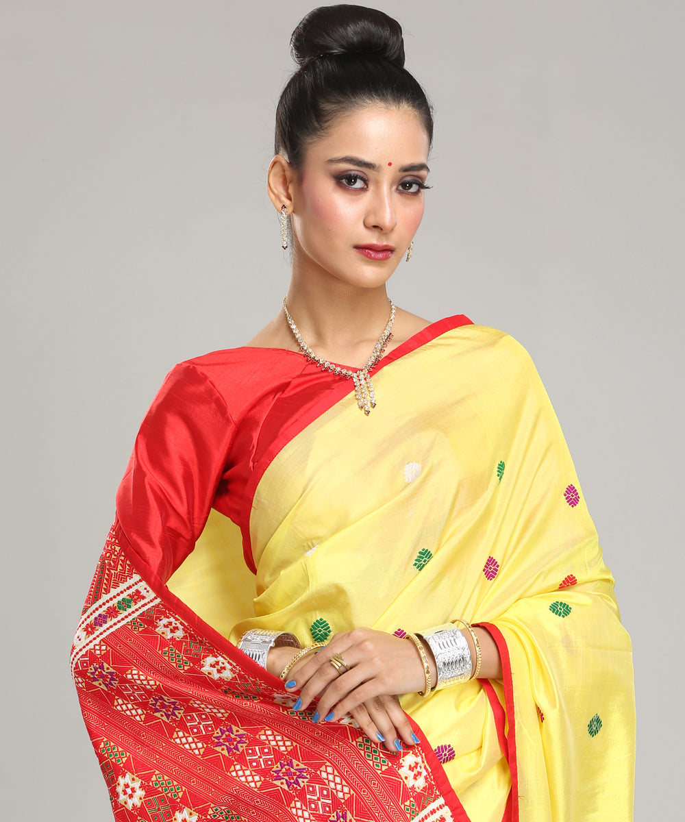 Yellow red Mulberry silk handloom assam saree