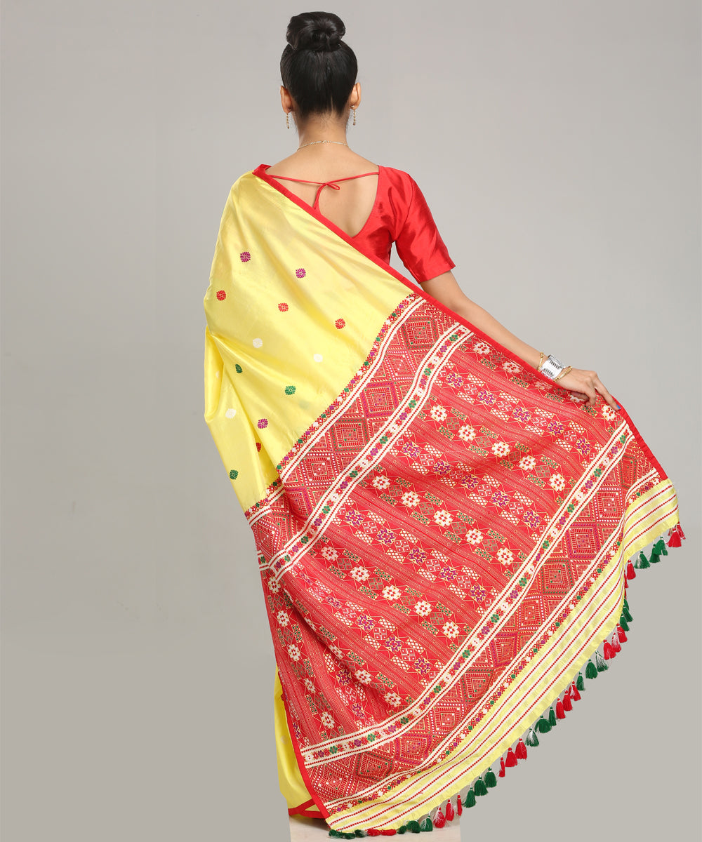 Yellow red Mulberry silk handloom assam saree