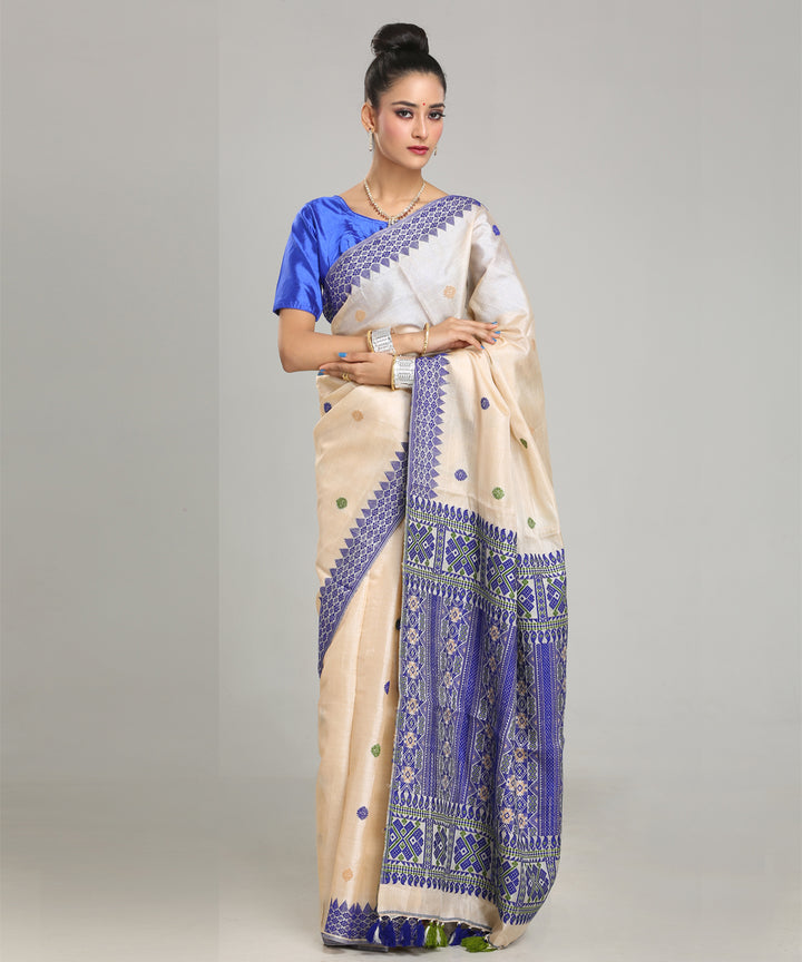 Beige navy blue tussar silk handloom assam saree