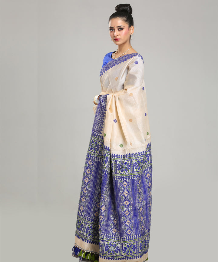 Beige navy blue tussar silk handloom assam saree