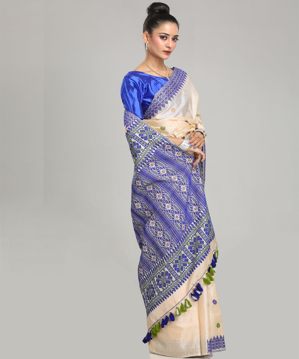 Beige navy blue tussar silk handloom assam saree