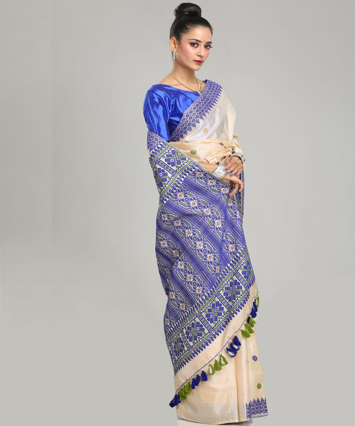 Beige navy blue tussar silk handloom assam saree
