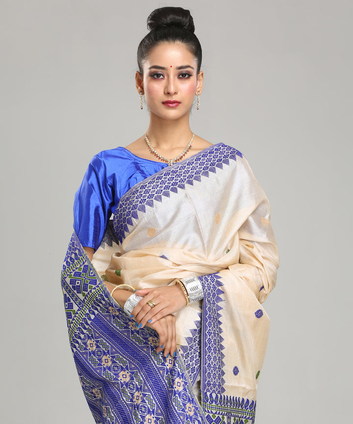 Beige navy blue tussar silk handloom assam saree
