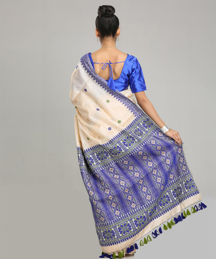 Beige navy blue tussar silk handloom assam saree
