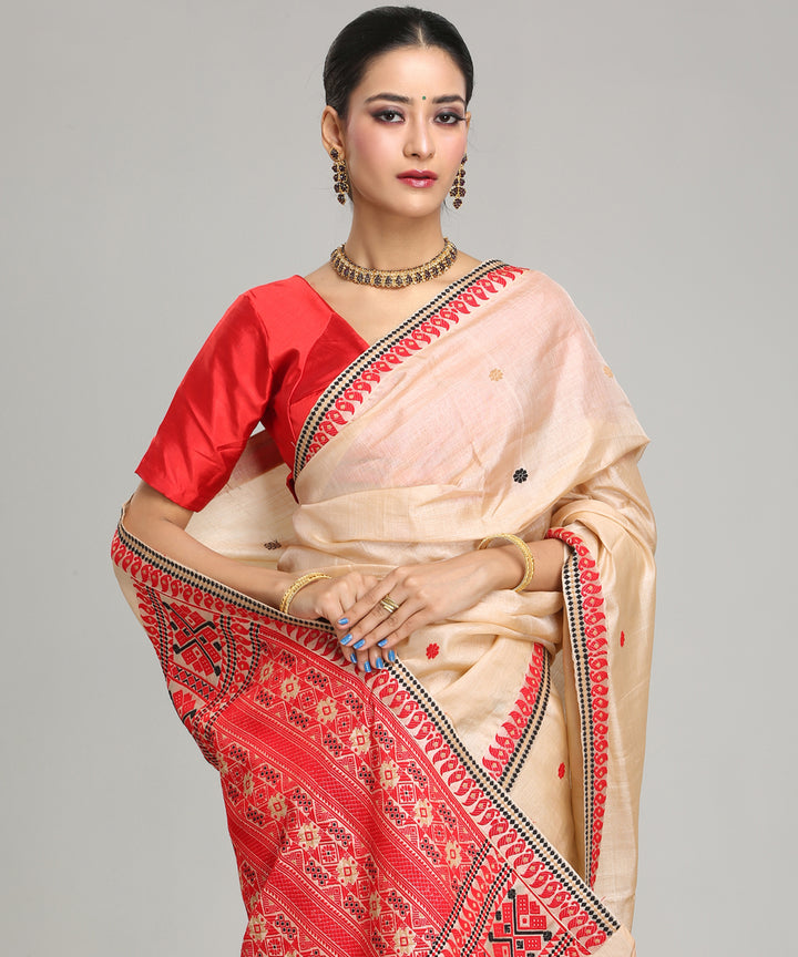 Beige red tussar silk handloom assam saree