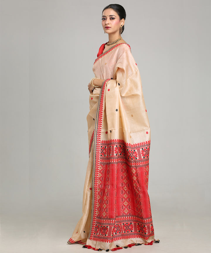 Beige red tussar silk handloom assam saree