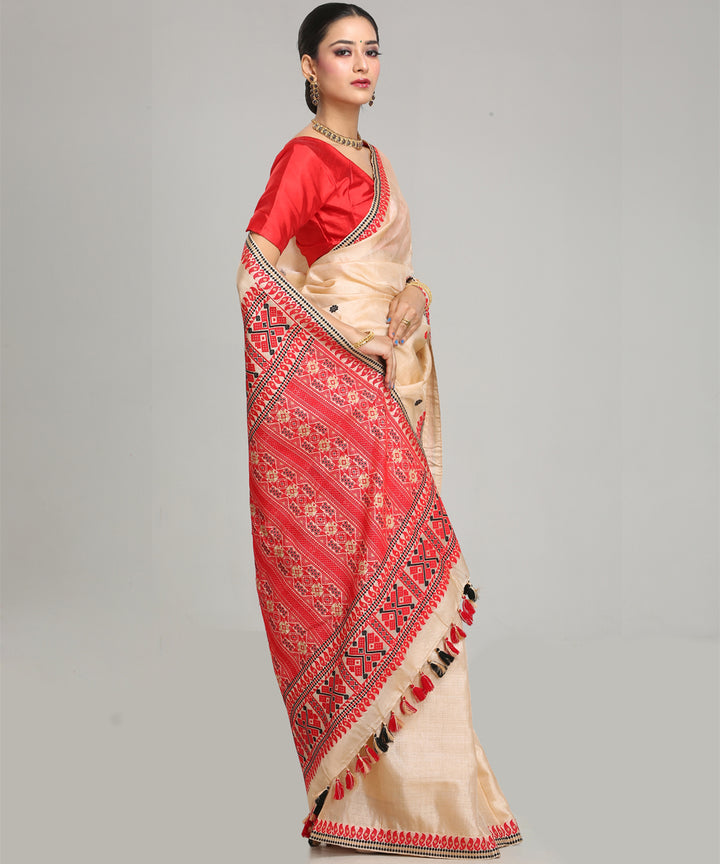 Beige red tussar silk handloom assam saree