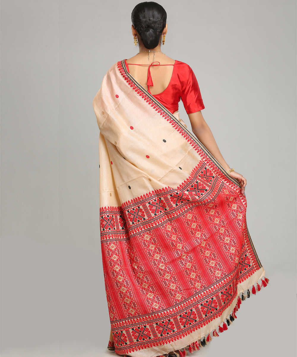 Beige red tussar silk handloom assam saree