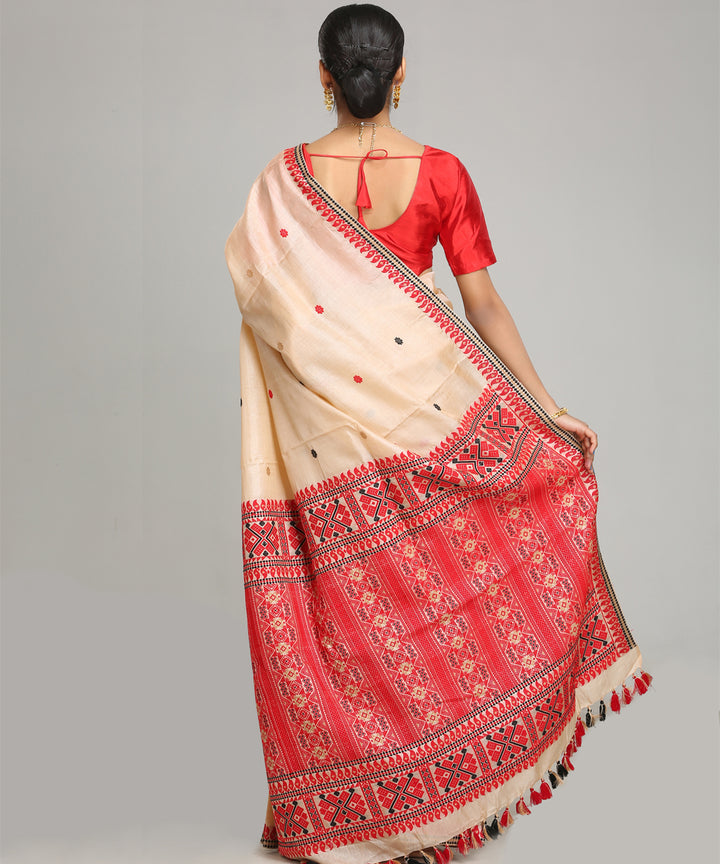Beige red tussar silk handloom assam saree