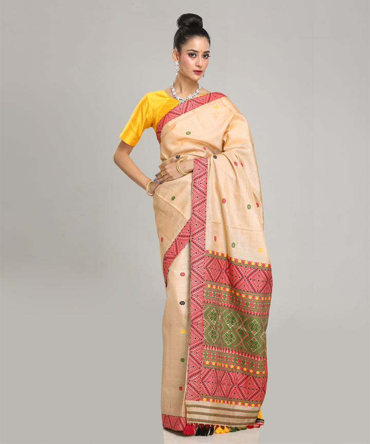 Beige light green red tussar silk handloom assam saree