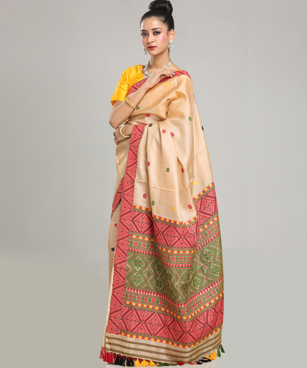 Beige light green red tussar silk handloom assam saree