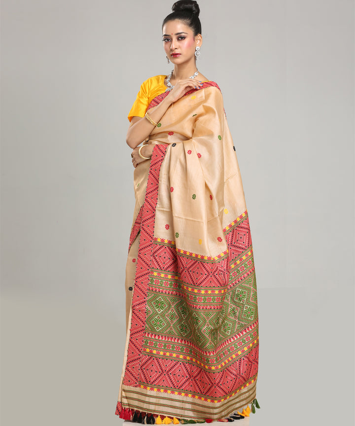 Beige light green red tussar silk handloom assam saree