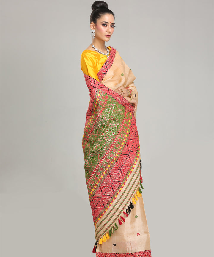 Beige light green red tussar silk handloom assam saree