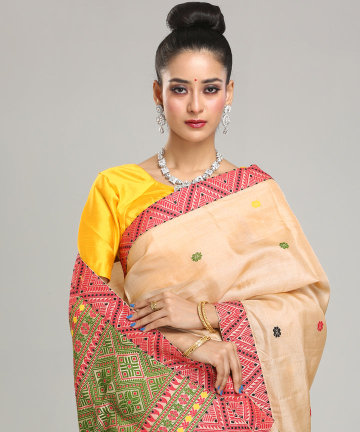 Beige light green red tussar silk handloom assam saree
