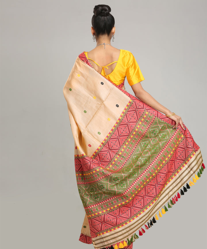 Beige light green red tussar silk handloom assam saree