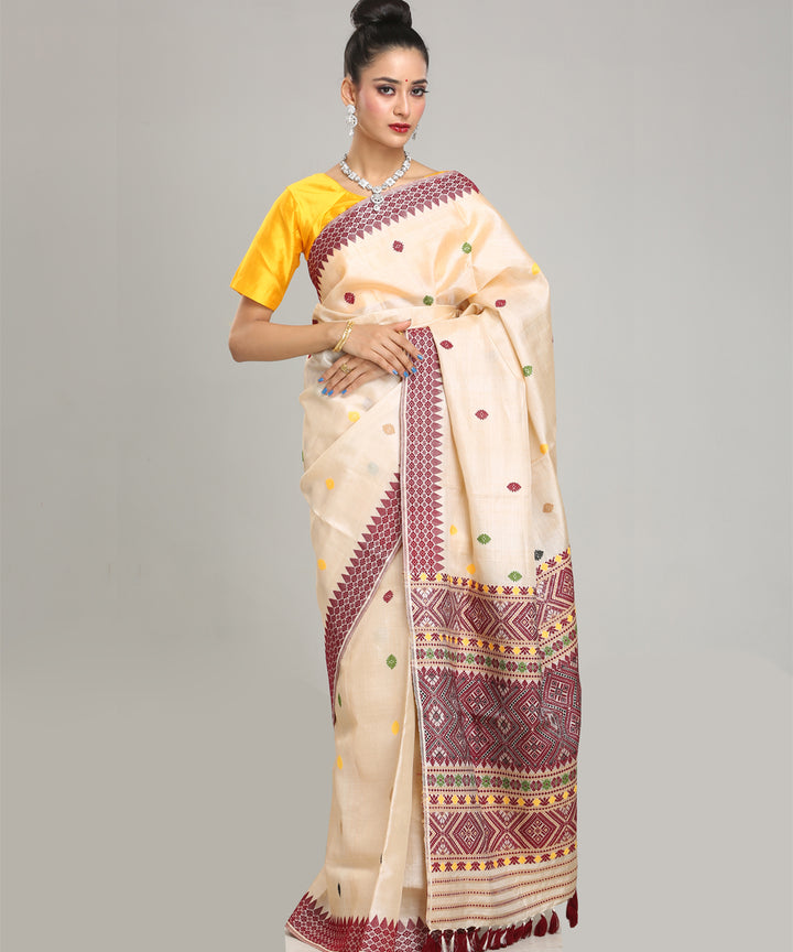 Beige deep maroon tussar silk handloom assam saree