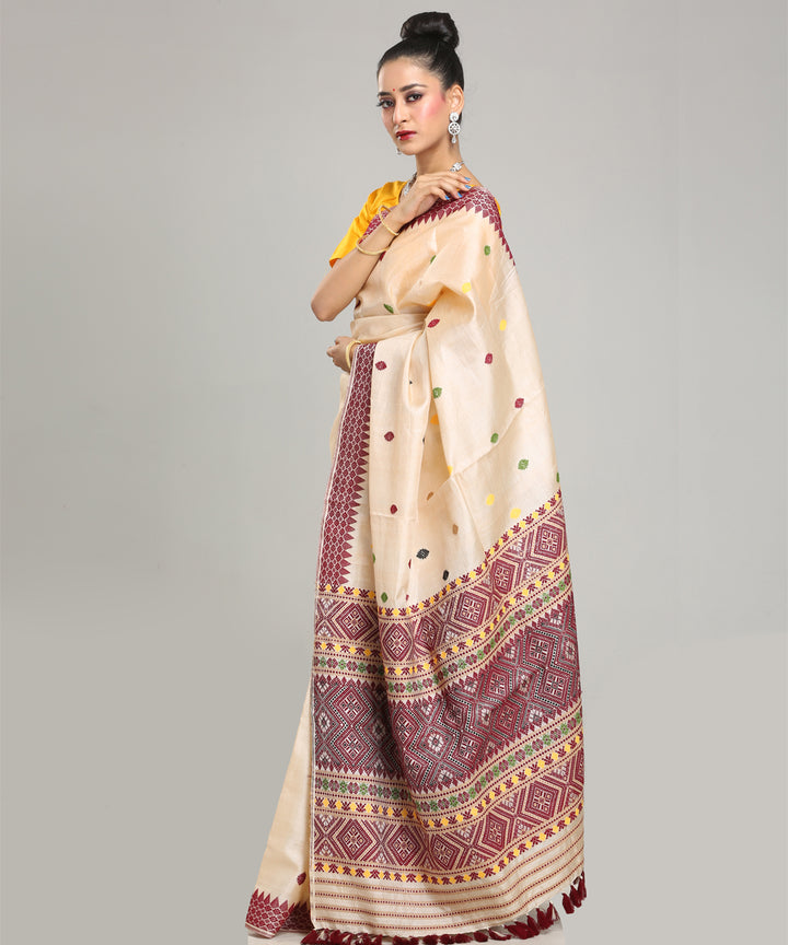 Beige deep maroon tussar silk handloom assam saree
