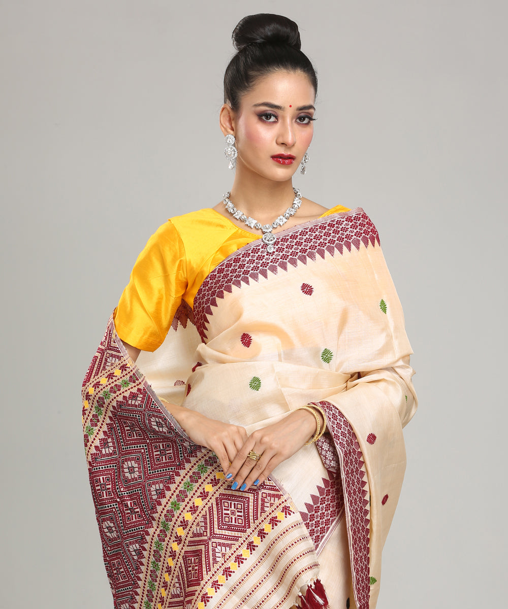 Beige deep maroon tussar silk handloom assam saree
