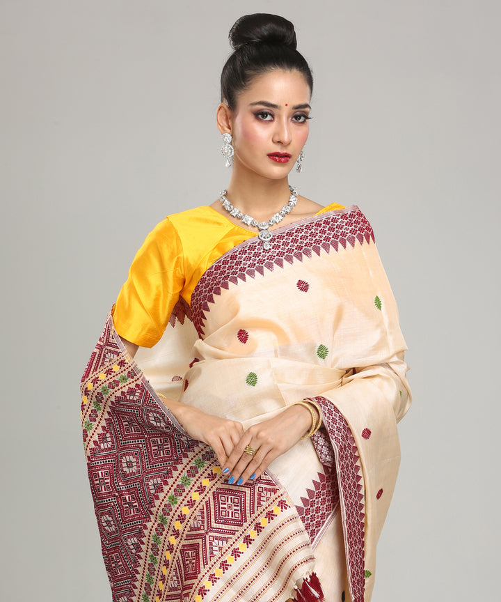 Beige deep maroon tussar silk handloom assam saree