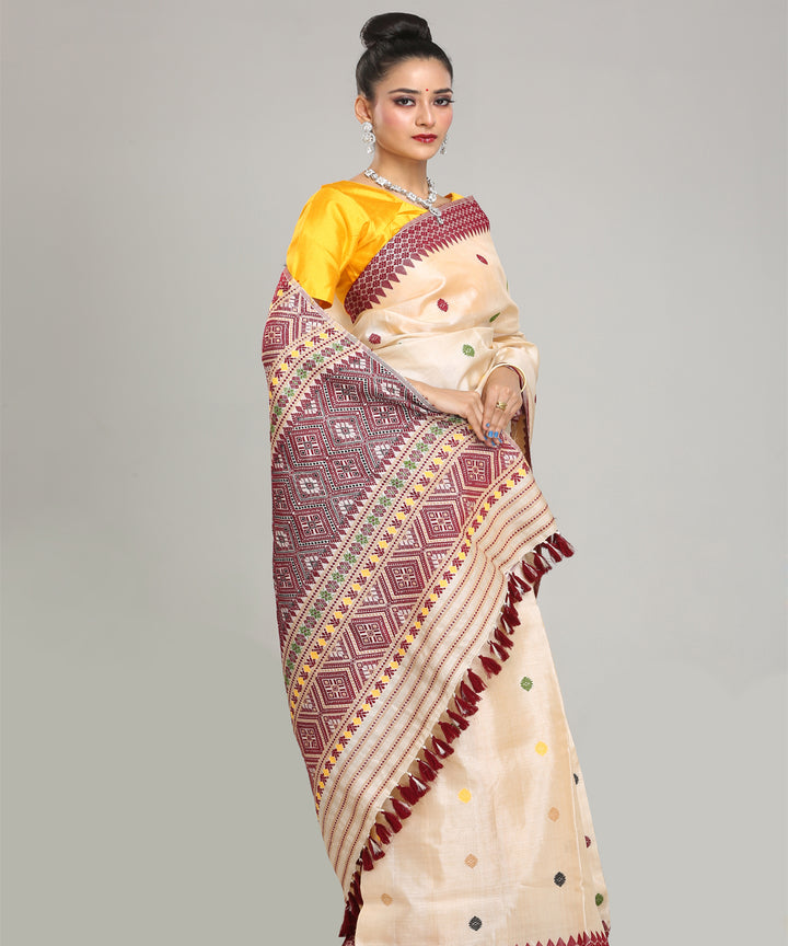 Beige deep maroon tussar silk handloom assam saree