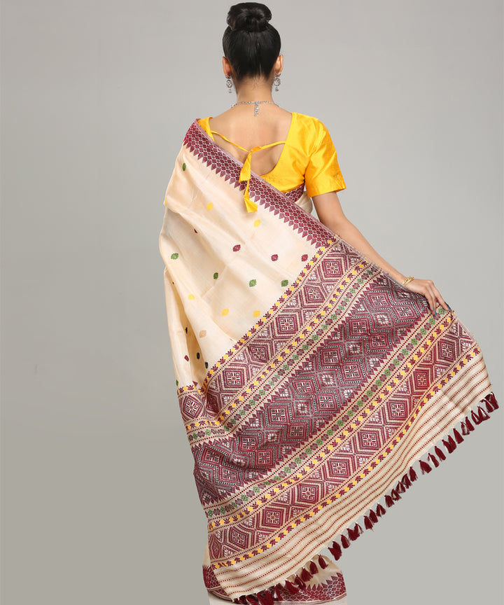 Beige deep maroon tussar silk handloom assam saree