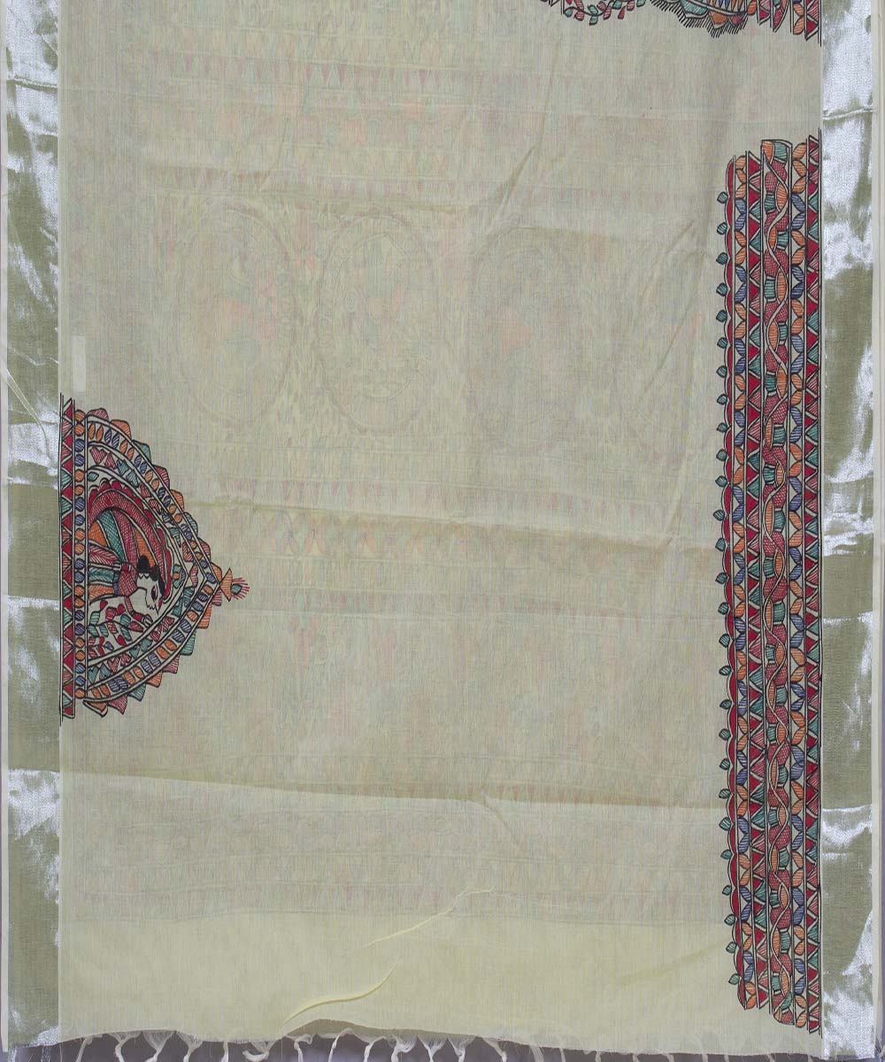 Cream handwoven madhubani painting cotton saree