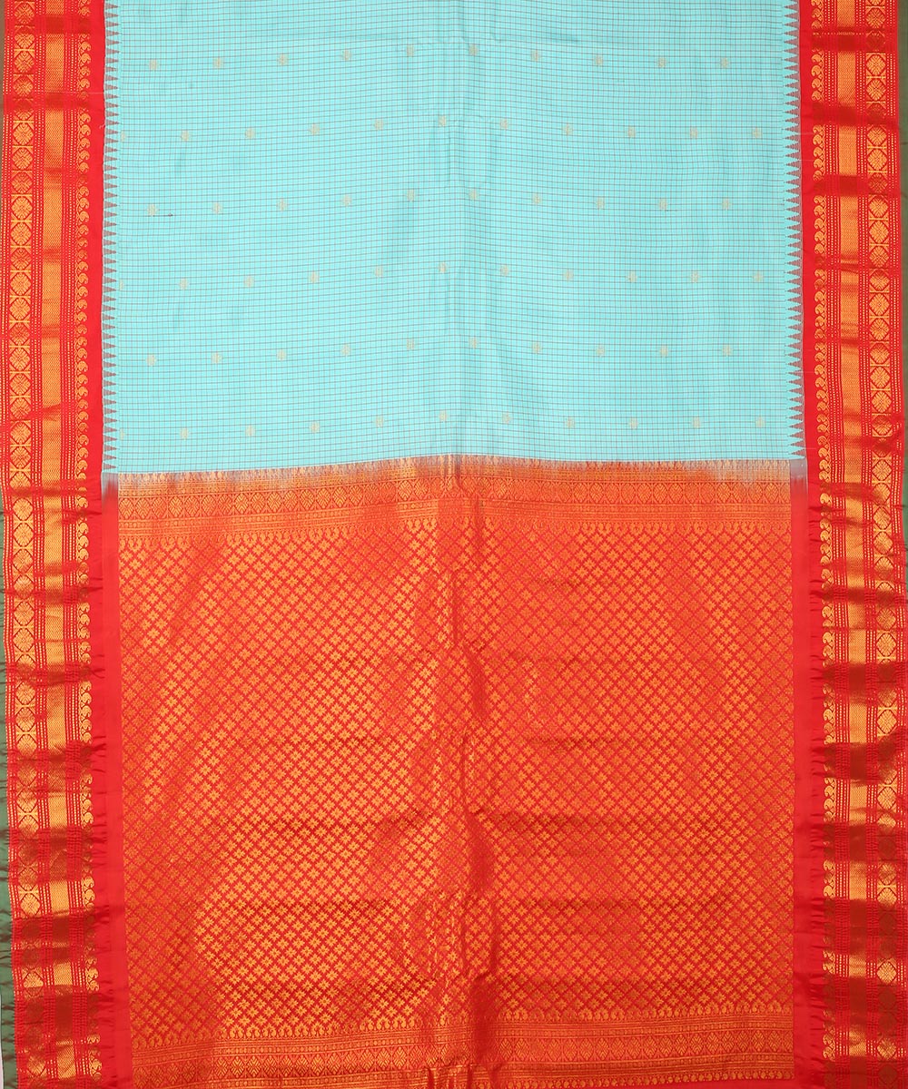 Sky blue red handwoven gadwal silk saree