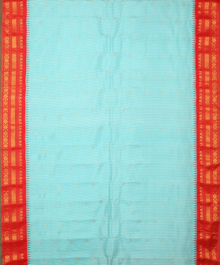 Sky blue red handwoven gadwal silk saree