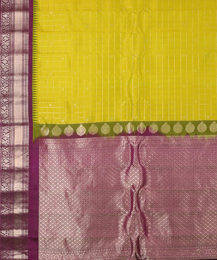 Lime green purple handwoven gadwal silk saree