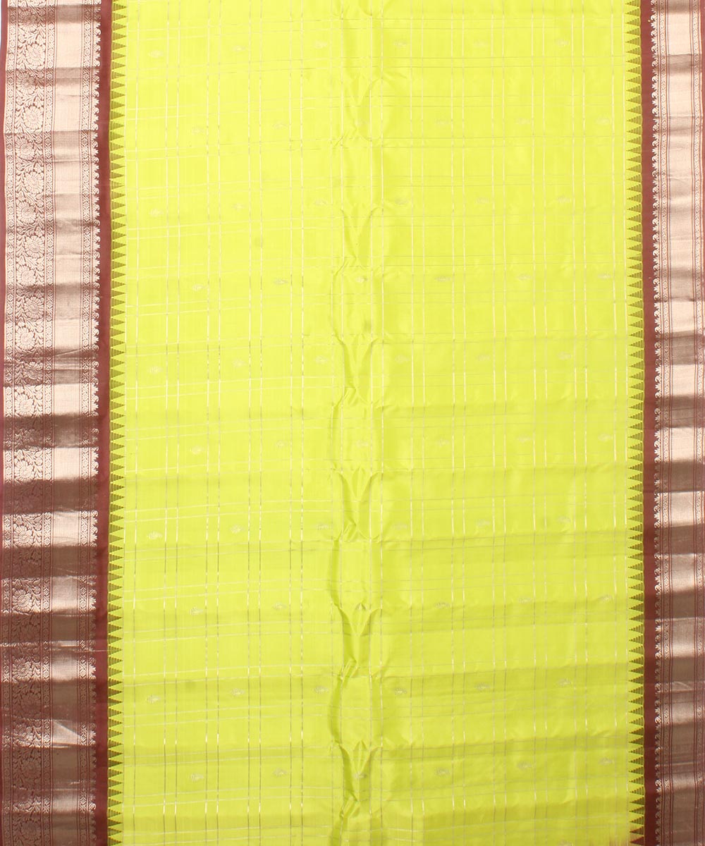 Lime green brown handwoven gadwal silk saree